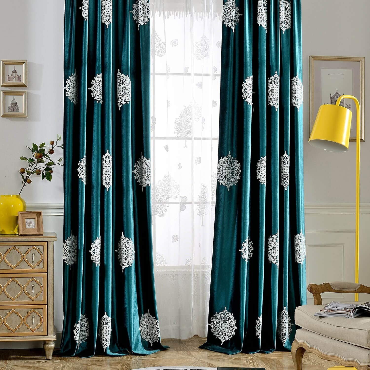 VOGOL European Floral Embroidered Curtains, Blackout Velvet Drapes Grommet for Bedroom Living Room, Modern Contemporary Grommet Window, 2 Panels, W52"xL63", Green