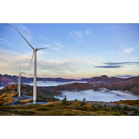 Wind turbines with low fog patches on Pillar Mountain Kodiak Alaska fall Stretched Canvas - Marion Owen  Design Pics (38 x