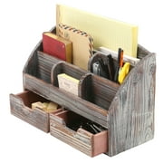 MyGift 6-Compartment Distressed Torched Wood Desk Organizer Supplies Rack