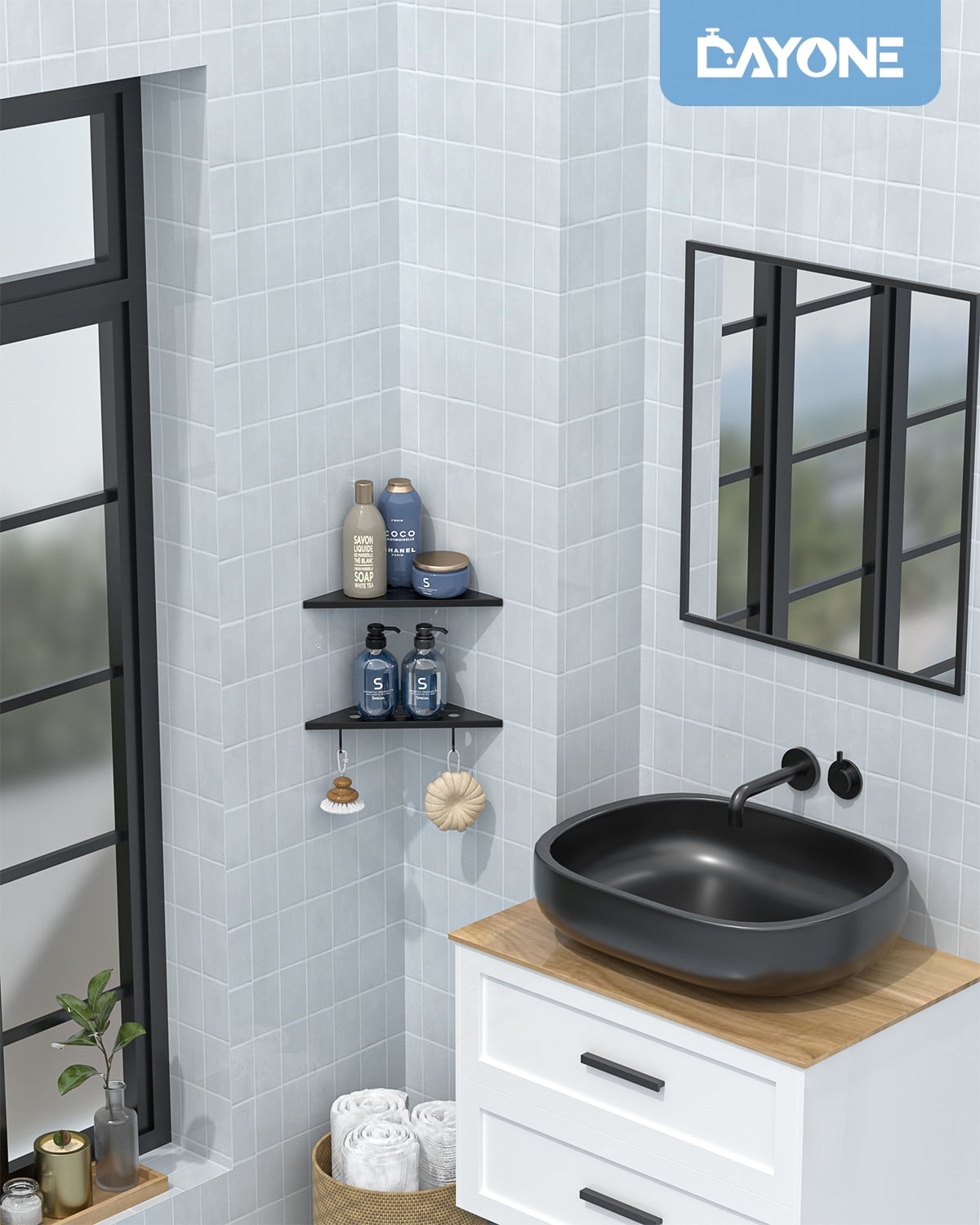 DAYONE Matte Black Corner Shower Shelf 2 Pack 10", Bathroom Corner Shower Organizer Shelf for Tiled Wall, SUS304 Stainless Steel Slot Design Recessed Corner Shelves with 2 Hooks and 4 Holes