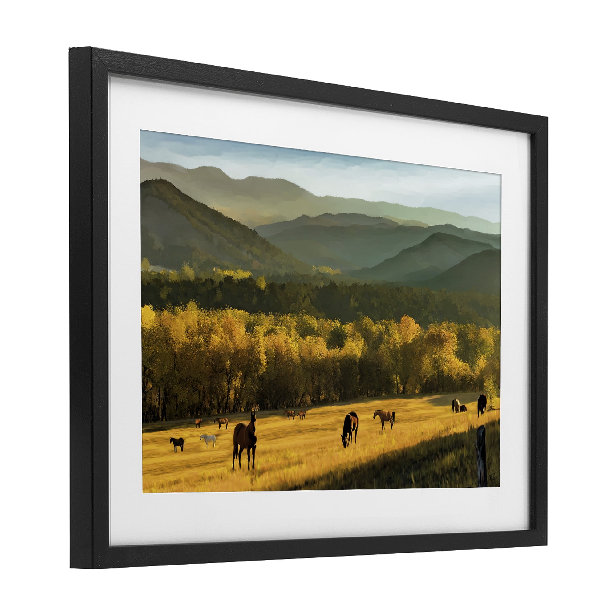 Stupell Industries Grazing Horses in Valley Black Framed Print Under Glass, design by Renel Peters