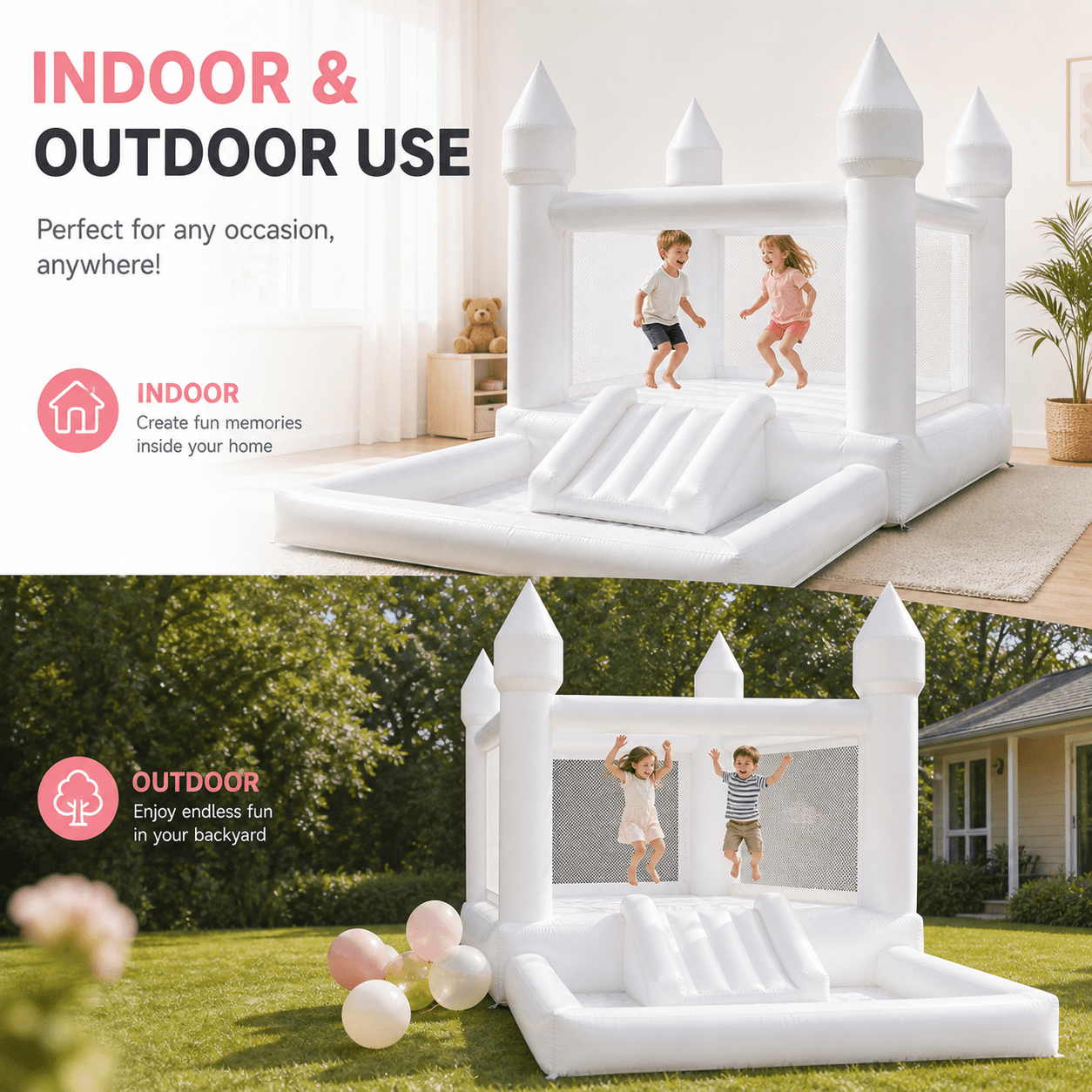 Connsann White Bounce House Oxford with Air Blower & Ball Pit for Kids Birthday Party, 13' x 8' x 8'
