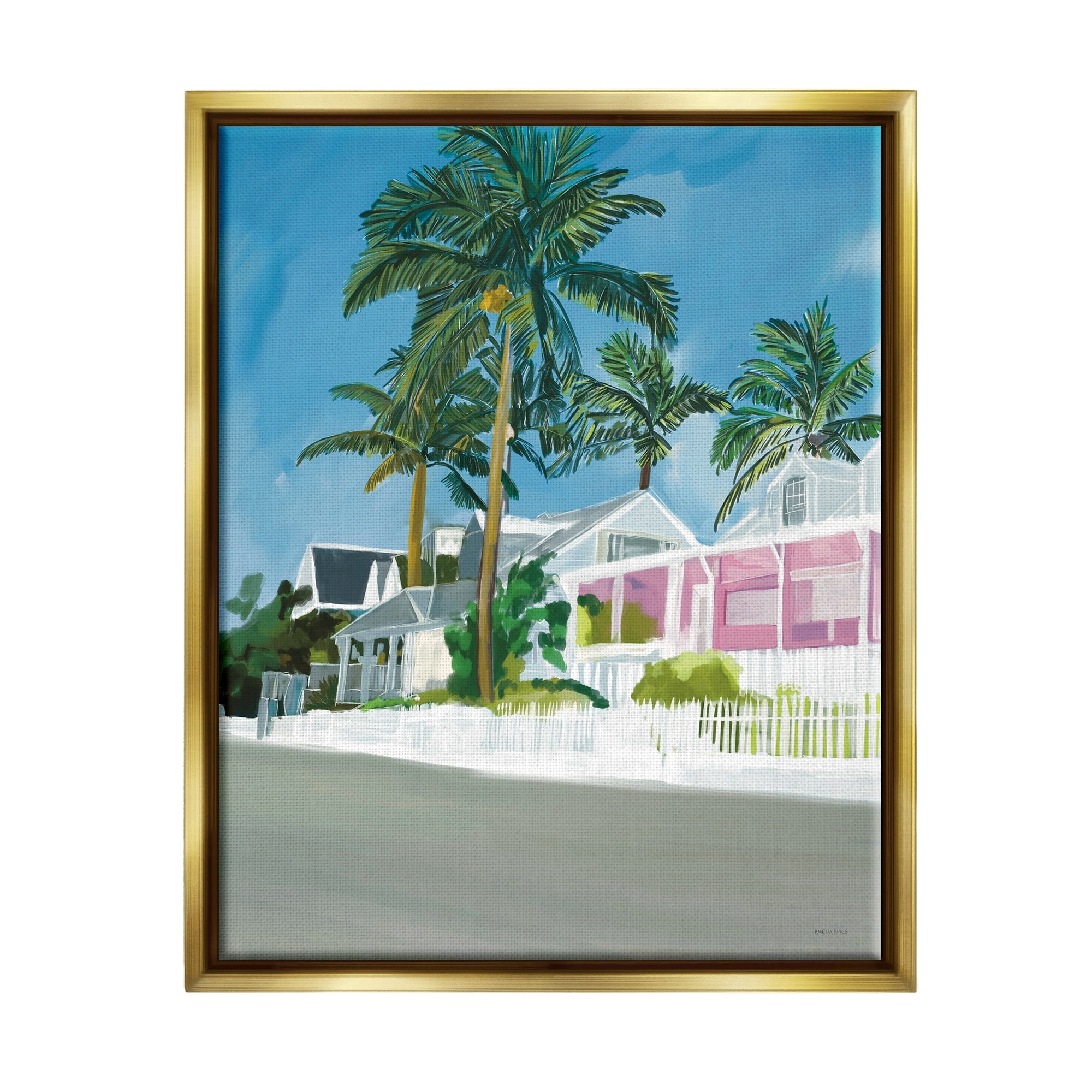 Stupell Industries Tropical Palm Trees Summer Vacation Resort Houses Graphic Art Metallic Gold Floating Framed Canvas Print Wall Art, Design by Amelia Noyes