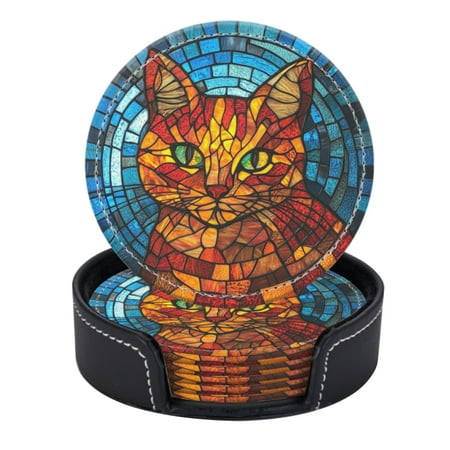 

PU Leather Coasters for Drinks Bar Beer Set of 6 with Holder Round Housewarming Gift Cute Cat With The Style Of Stained Glass