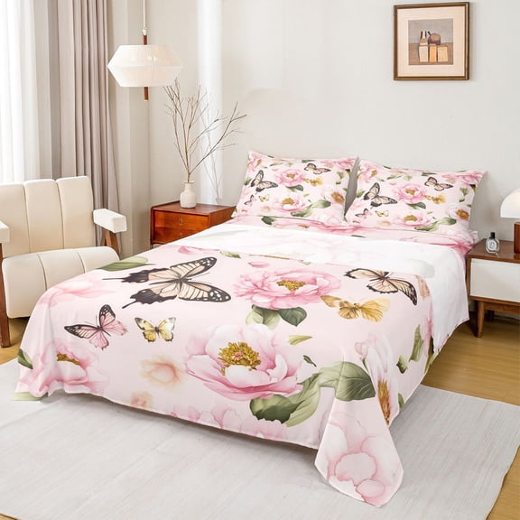 Homewish Pink Rustic Flower Twin Sheet Sets for Women, Kawaii Butterfly Animal Twin Fitted Sheet, Vintage Fashion Style Flat Sheet, Ultra Soft Bedroom Decor, 3 Pieces