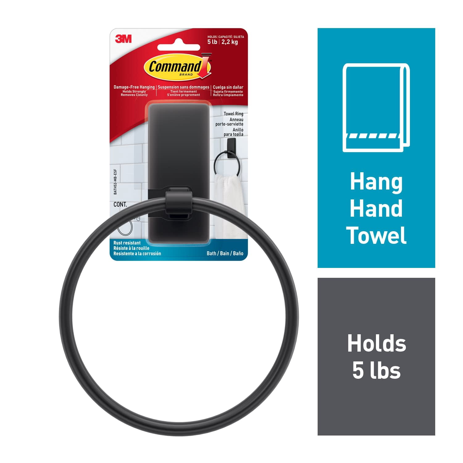 Command Bath Matte Black Towel Ring, 1 Towel Ring and Command Bath Large Matte Black Double Hooks, 2 Hooks