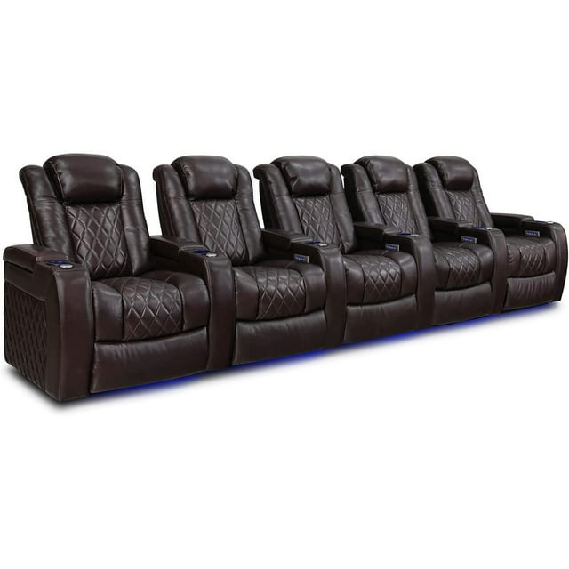 Valencia Tuscany Home Theater Seating|Premium Top Grain Italian 11000 Nappa Leather, Motorized Recliner, Power Lumbar Support, Power Headrest, LED Lighting (Row of 5, Dark Chocolate)