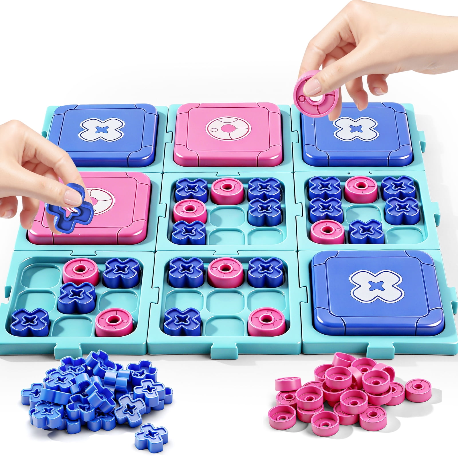 Queensell Large Checkers & 3 Levels Tic Tac Toe 2in1 Foldable