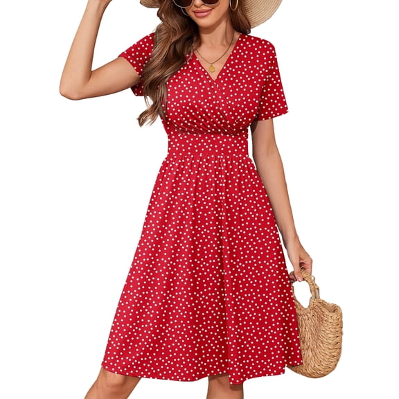 Chiclily Womens Summer Floral Boho Dress Casual Short Sleeve V-Neck Swing Midi Dress, Polkadots Red M