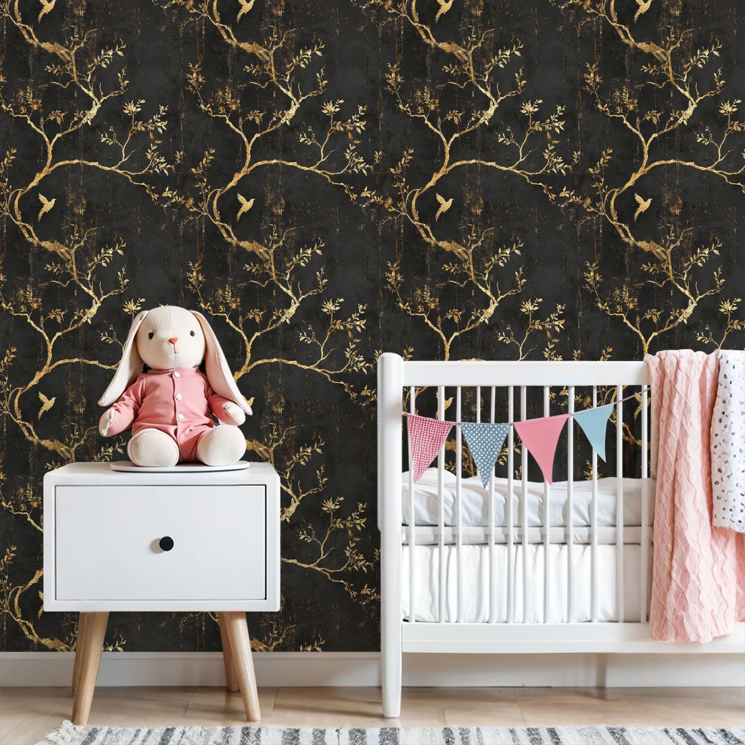 Modern Peel and Stick Wallpaper 23.6in x 9.8ft Golden Floral Branches Bird Black Contact Paper Vinyl Waterproof Self Adhesive Wall Paper for Bedroom Shelf Cabinet Renter Friendly