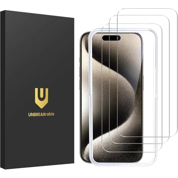 UNBREAKcable Tempered Glass Screen Protector for iPhone 15 Pro 3-Pack, Shatterproof 9H Hardness, Bubble Free