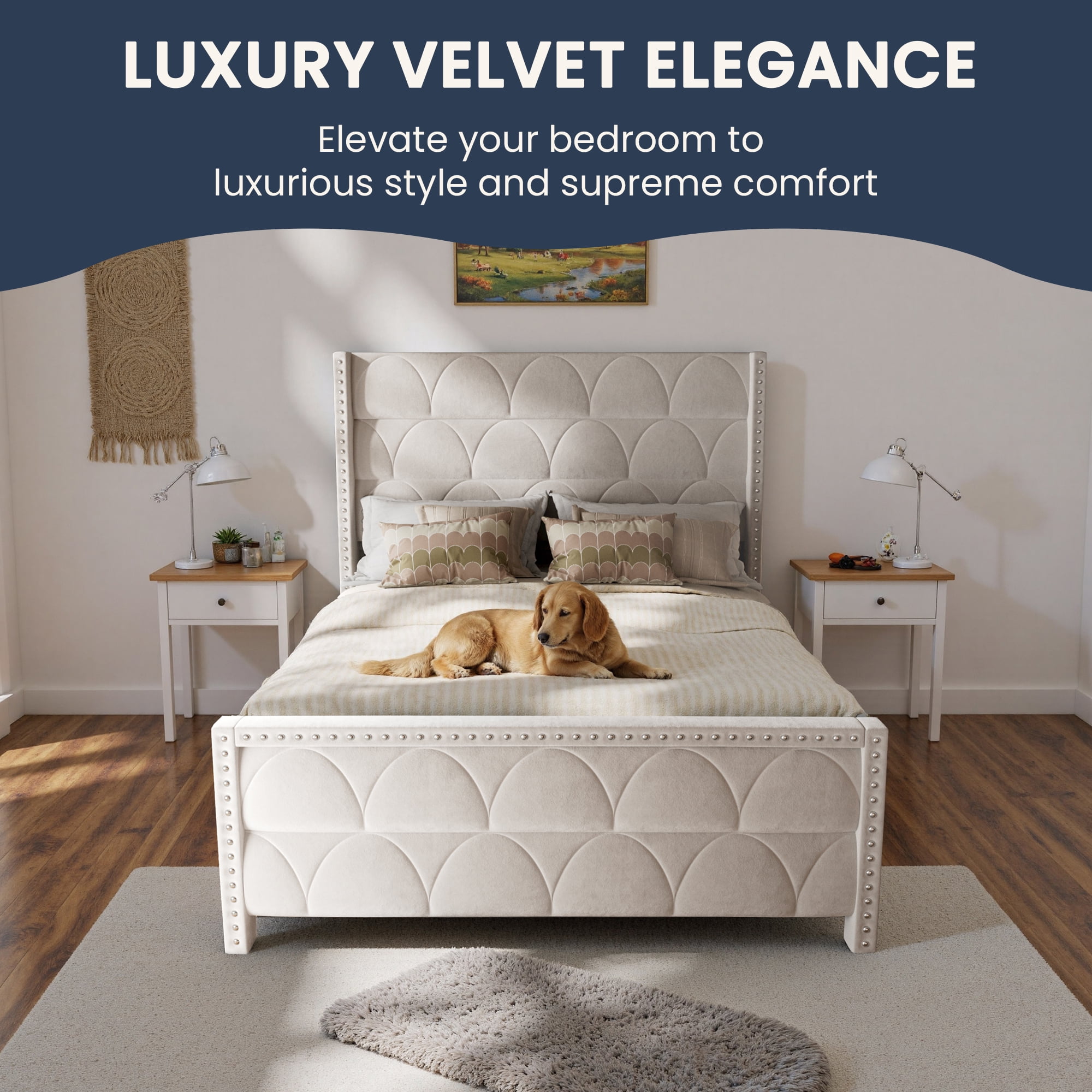 56" Velvet Upholstered Bed Frame with Wingback Headboard, Nailhead Trim, Wood Slat Support, No Box Spring Required