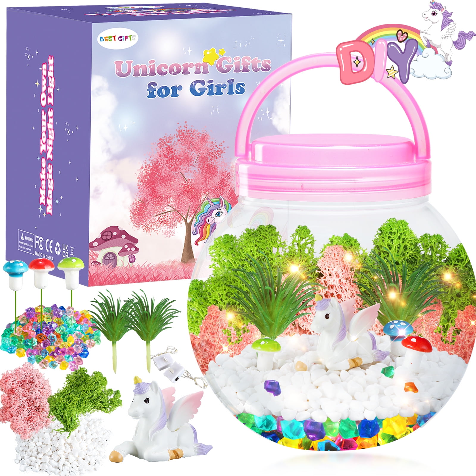 DIY Light-Up Terrarium Kit for Kids with Unicorn Toys, Building Your Wonder Garden, Unicorn Craft Nightlight Gift for Girls Age 4-12, Unicorn  Decor