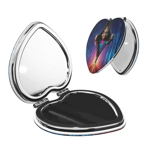 Pofeuu Chucky for Portable Pocket Makeup Mirror PU Cover Compact Travel Mirror with Normal and Magnifying Double Sided Glass-Heart Shape