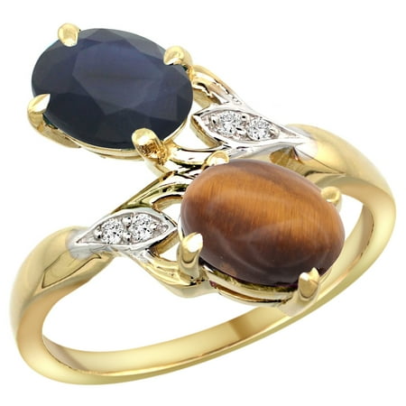 14k Yellow Gold Diamond Natural HQ Blue Sapphire & Tiger Eye 2-stone Ring Oval 8x6mm, sizes 5 -