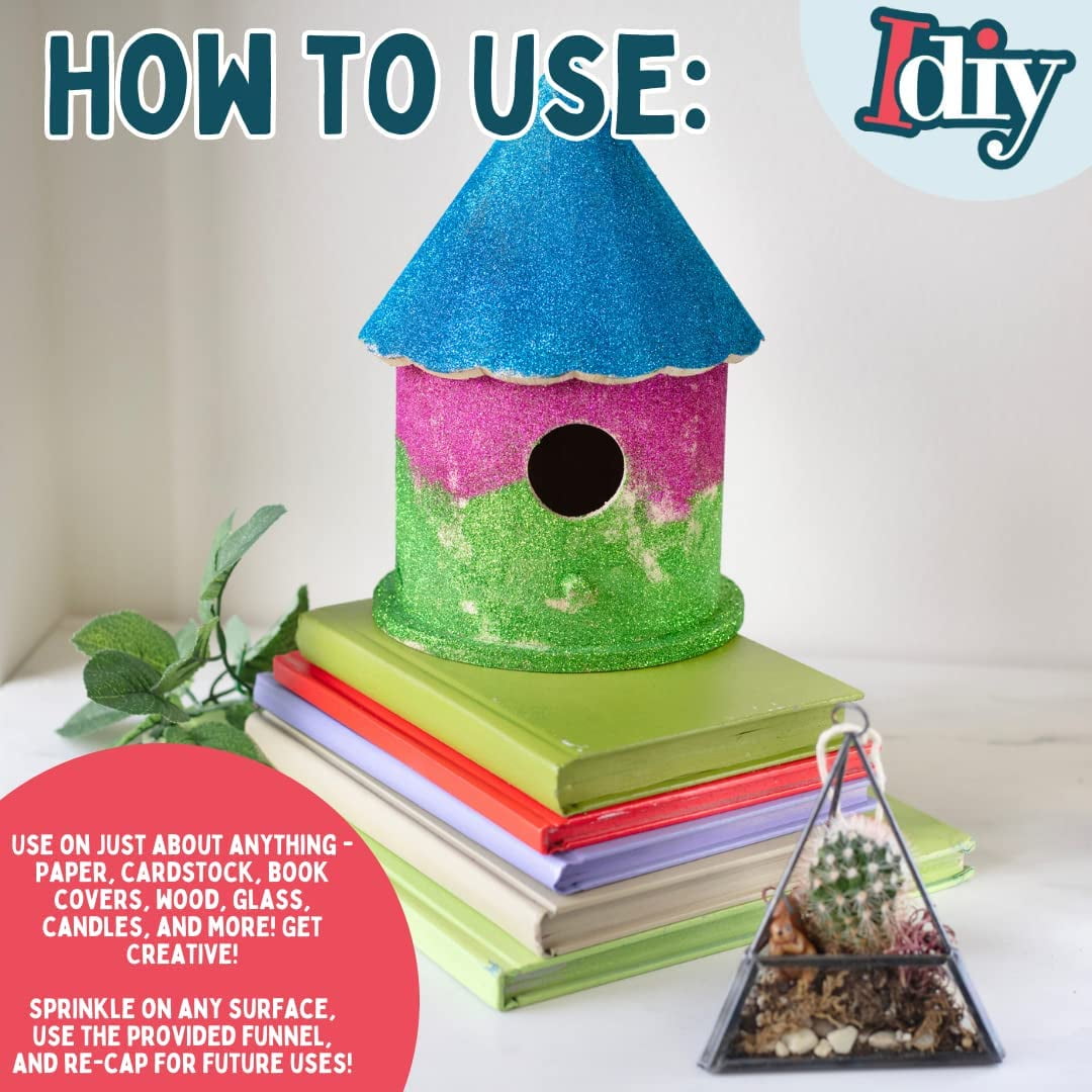 iDIY Ultra Fine Glitter - Set of 6 - w Easy-Pour Bag and Funnel - Rainbow Colors Extra Fine - Perfect for Crafts, School Projects, Decorations, and more