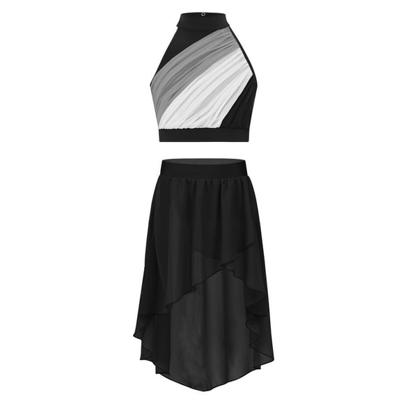 TSSOE Girls Lyrical Contemporary Dance Dress Sleeveless Crop Top with High Low Sheer Skirt Two Piece Outfit Black 12