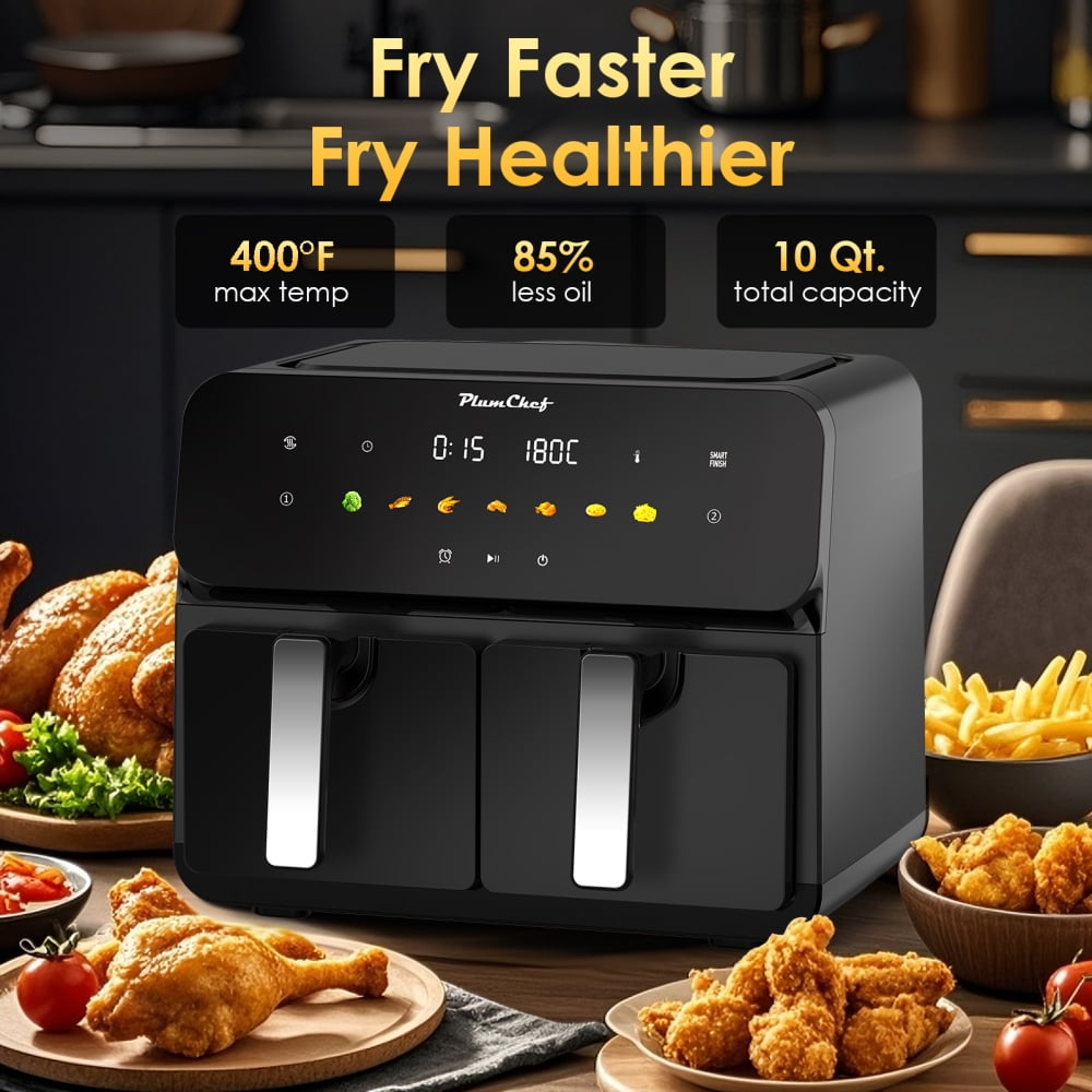 10QT Double Basket Air Fryer, 2×5QT Independent Baskets with SyncCook, 1700W High-Speed Digital Air Fryer for Large Family Meals