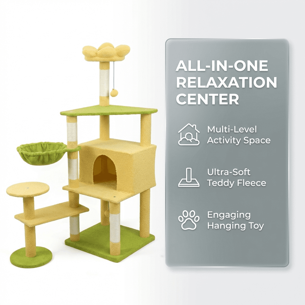Flower Cat Tree With Large Condo Removable Flower Cushion and Hammock, Yellow