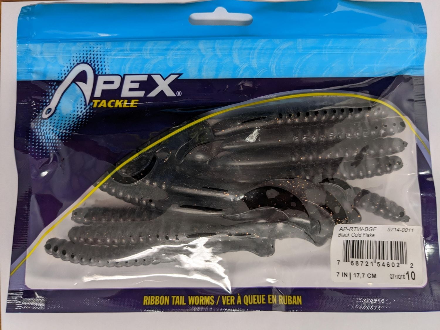 Apex Ap-RTW-BGF Ribbon Tail Worm Black Gold Flake 7" 10 Pack, Ribbon Tail Worm