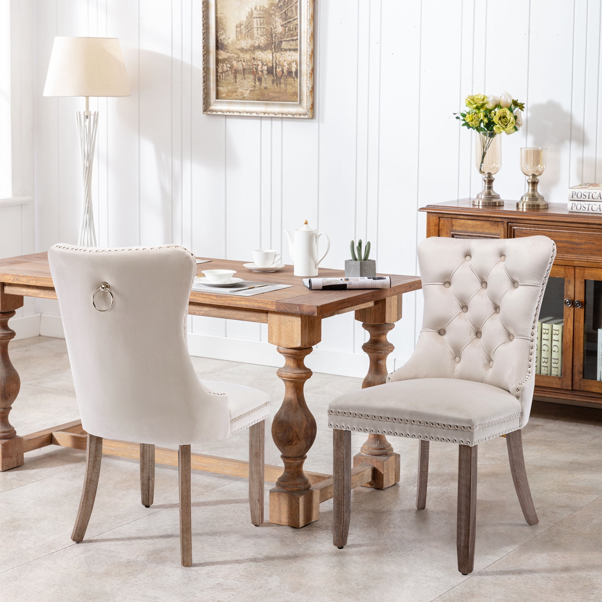 Resenkos Upholstered Tufted Dining Chairs Set of 2 with Nail Head Decor, Beige Velvet Fabric Resenkos Upholstered Tufted Dining Chairs Set of 2 with Nail Head Decor, Beige Velvet Fabric