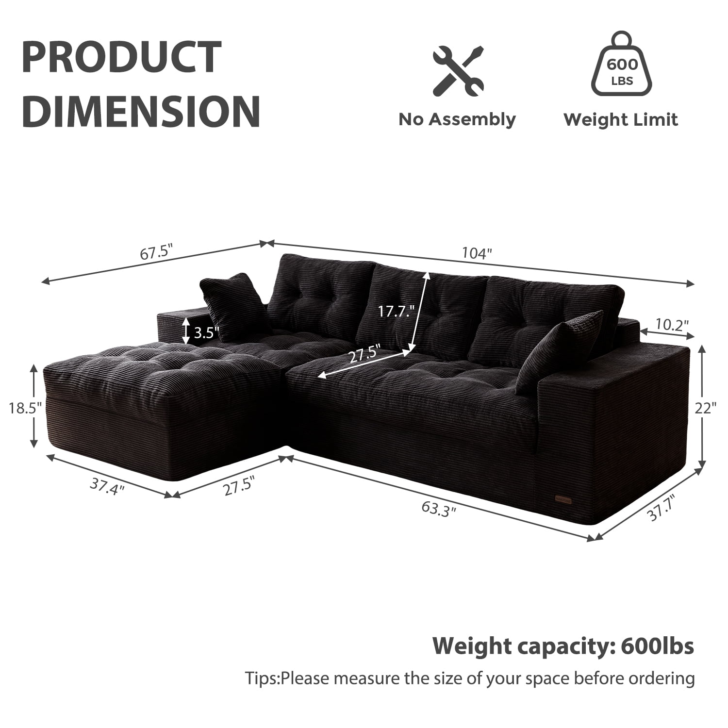 BYBYME 104"Oversized L-Shaped Sectional Sofa Cloud Boneless Modular Couch,Upholstered Sofa with Convertible Left/Right Ottoman for Living Room Bedroom,No Assembly,BLACK