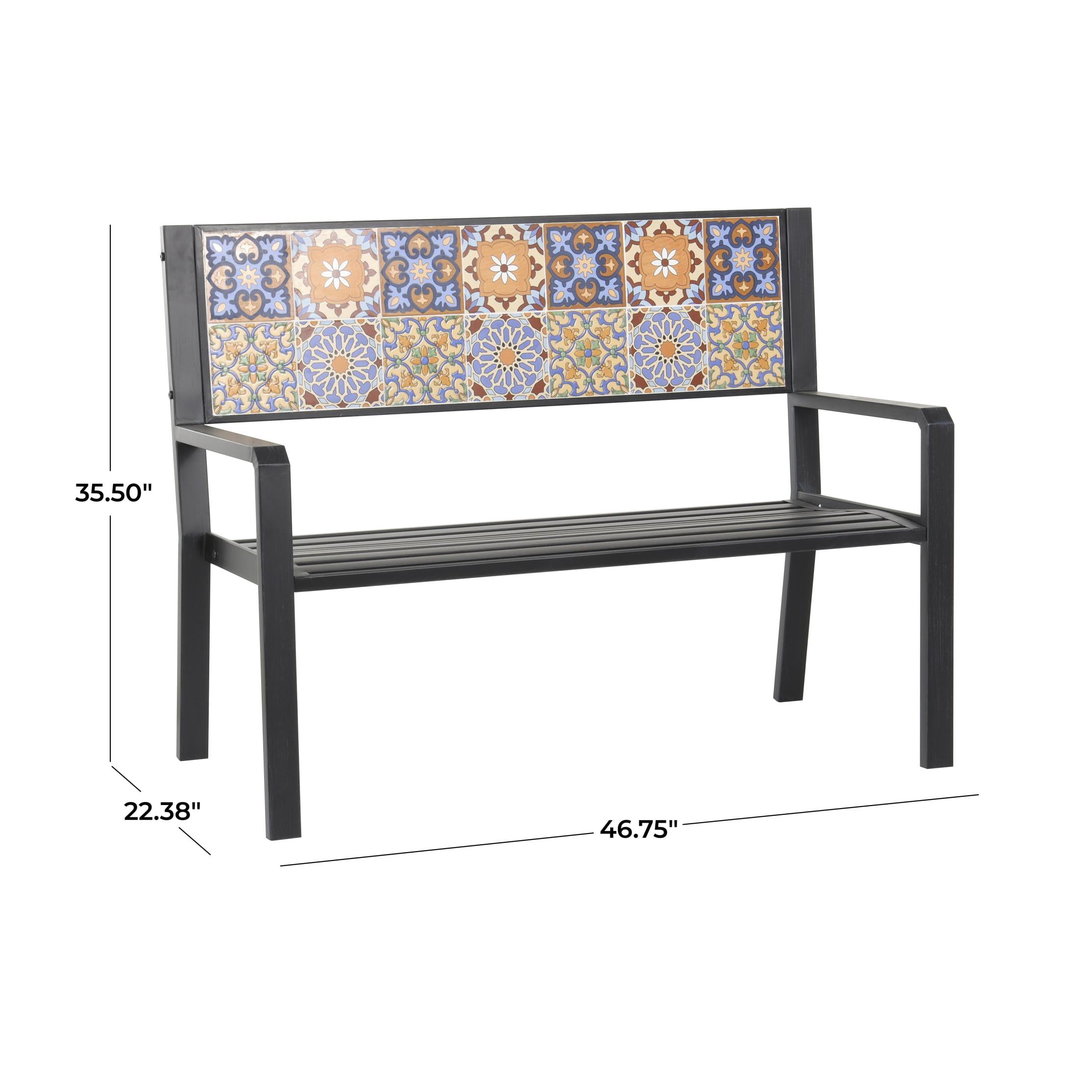 DecMode Metal Floral Scroll Mosaic Outdoor Bench with Orange and Blue Patterns, Black