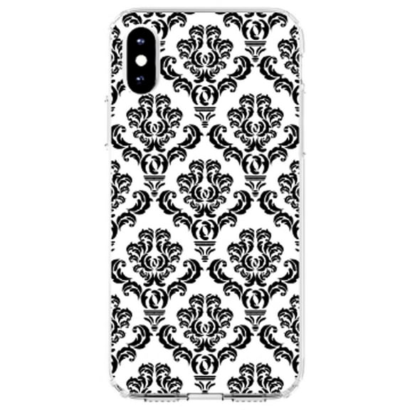 DistinctInk Clear Shockproof Hybrid Case for iPhone XR (6.1" Screen) - TPU Bumper, Acrylic Back, Tempered Glass Screen Protector - White Black Damask Pattern - Floral Damask Pattern