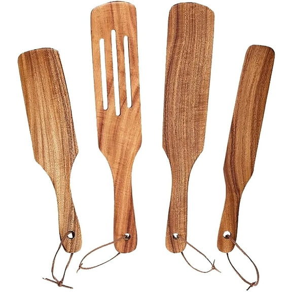 ASDYO Teak Wood Spurtle Set Pack of 4 Wooden Utensils Four Different Types and Sizes. Hangable Teak Wood Spurtles Cooking Utensils