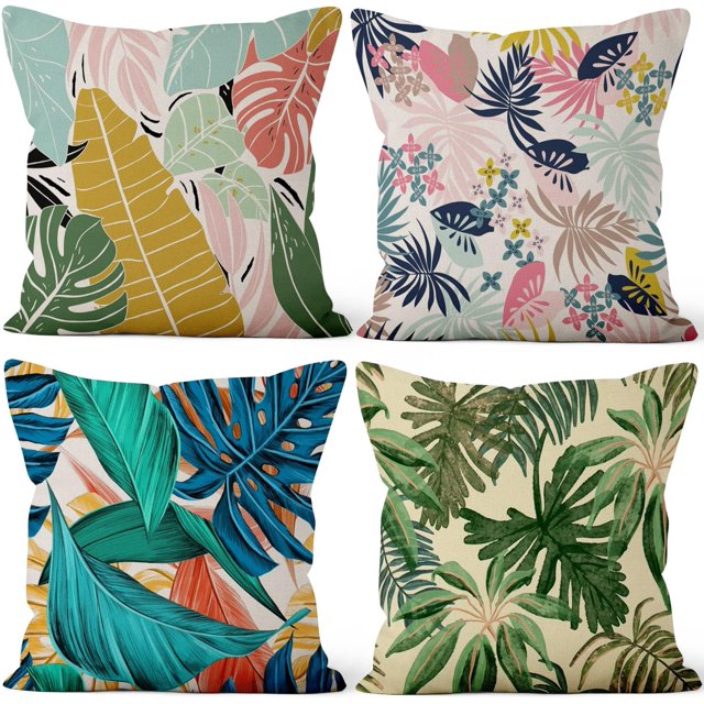 LAICAIW Tropical Pillow Covers 18x18 Inch, Summer Tropical Leaves Decorative Farmhouse Pillow Covers Square Cotton Linen Summer Pillow Cases for Home Decor, Set of 4 (No Insert Included)