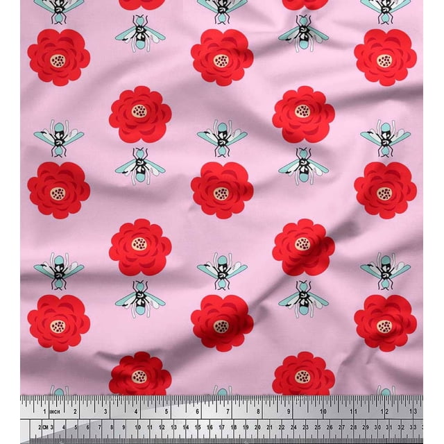 Soimoi Crepe Silk Fabric Floral & Bee Insects Fabric Prints by Yard 42 Inch Wide