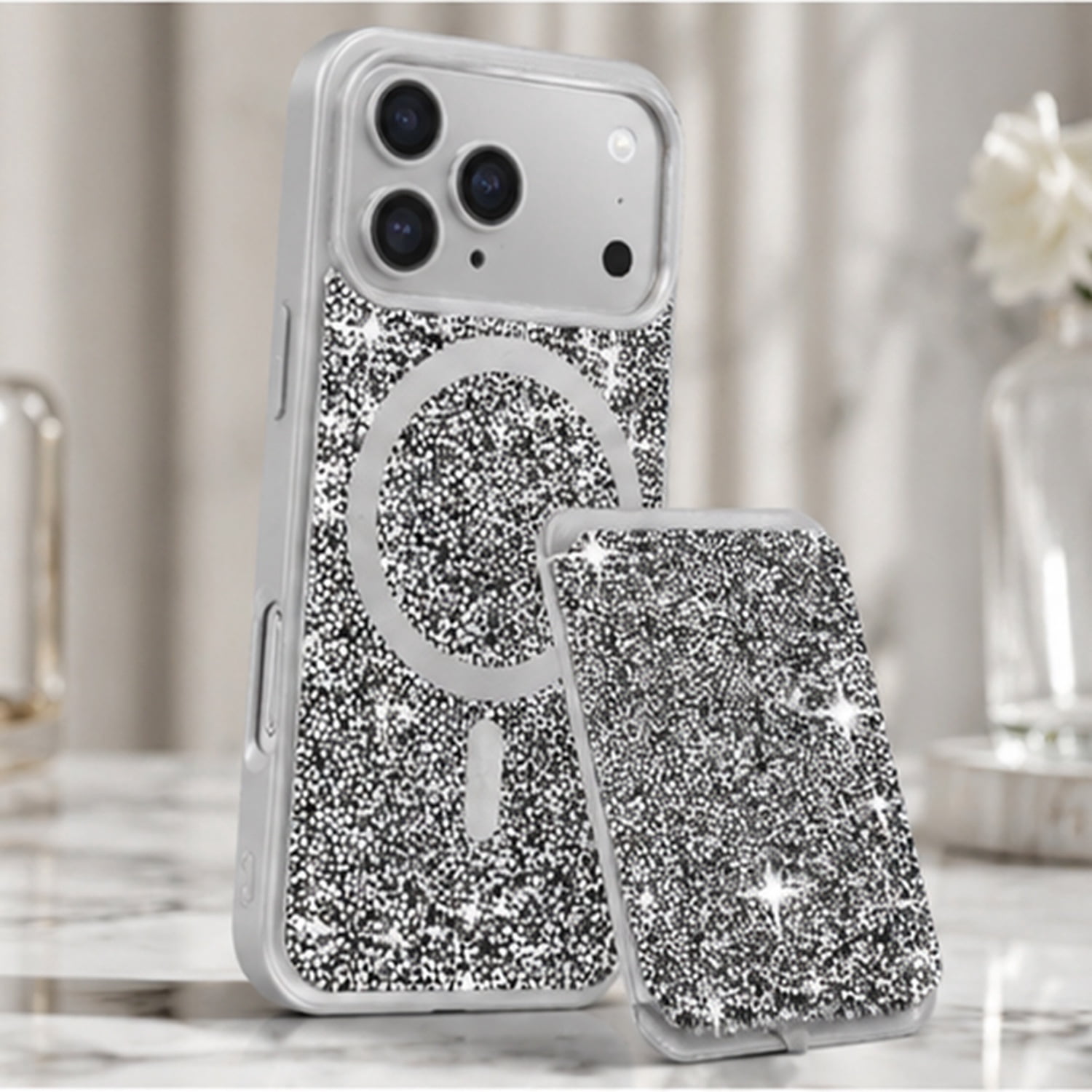 Crystal Diamond Magnetic Protective Cover with Card Pocket for iPhone 17 Pro Max - Silver