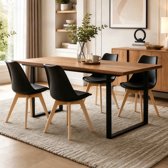 HDHNBA Mid Century Modern Upholstered PU Leather Dining Chairs with Wood Legs, Set of 4