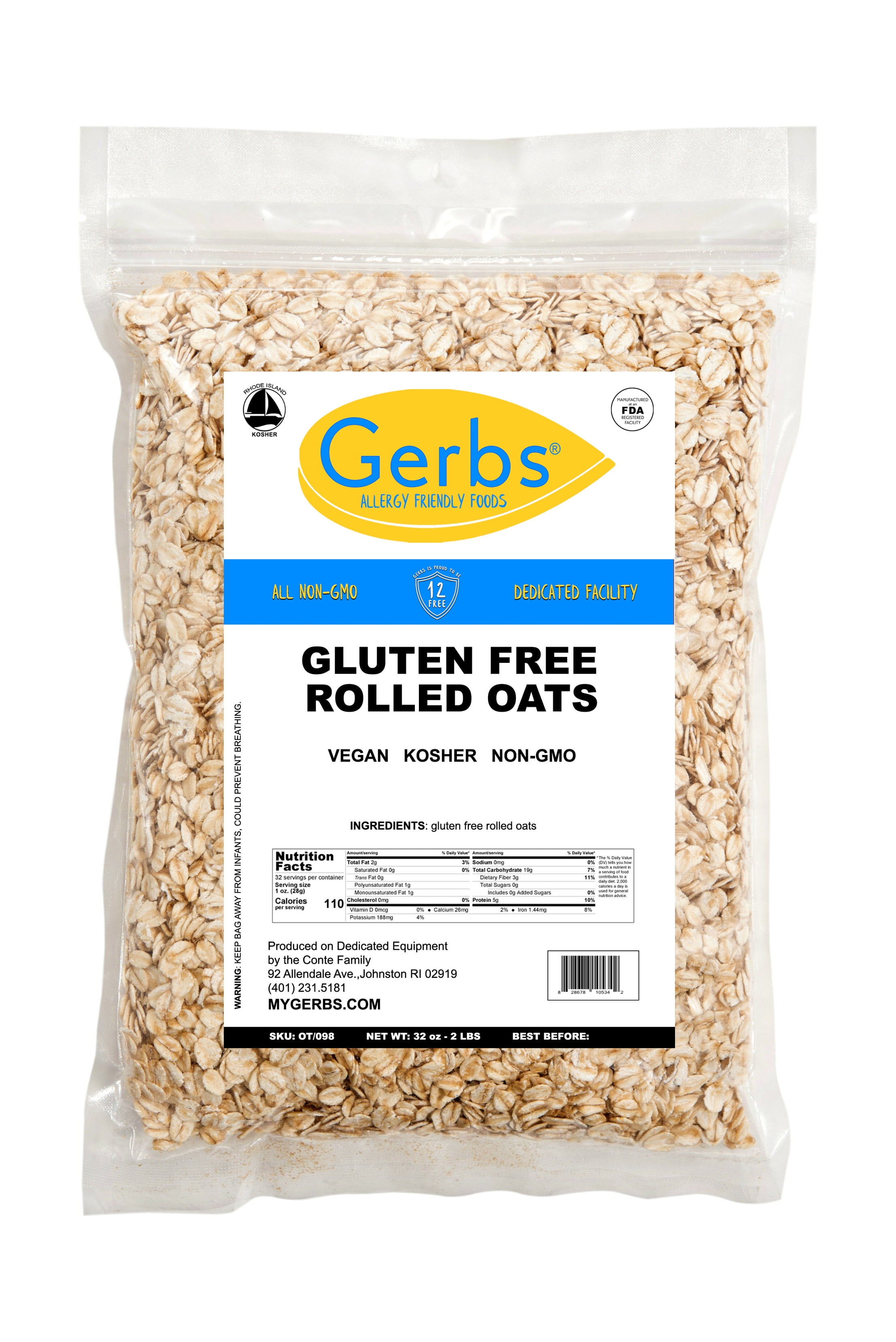 Traditional Rolled Oats by Gerbs 2 LBS Top 14 Allergen Free & NON