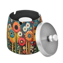 Yayeee Ashtray with Lid for Cigarette Smokeless Stainless Steel Home Ash Holder, Red Colorful Flowers with Dots