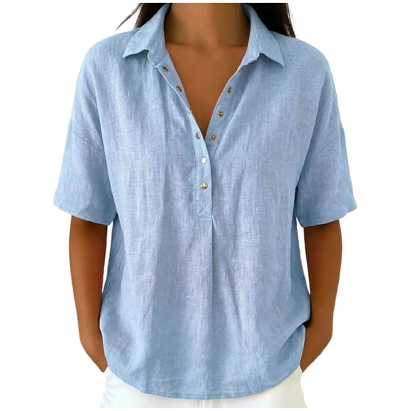Bosfbaoi Plus Size Shirts for Women Cotton Blend Textured Half-Button Shirt Short Sleeve Collared Casual Womens Tops