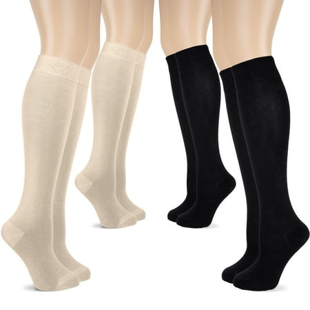 

HUGH UGOLI Women Cotton Knee High Socks Long Dress School Uniform Socks for Girls Soft & Lightweight Boot Socks Shoe Size: 5-8 Light Beige / Black 4 Pairs