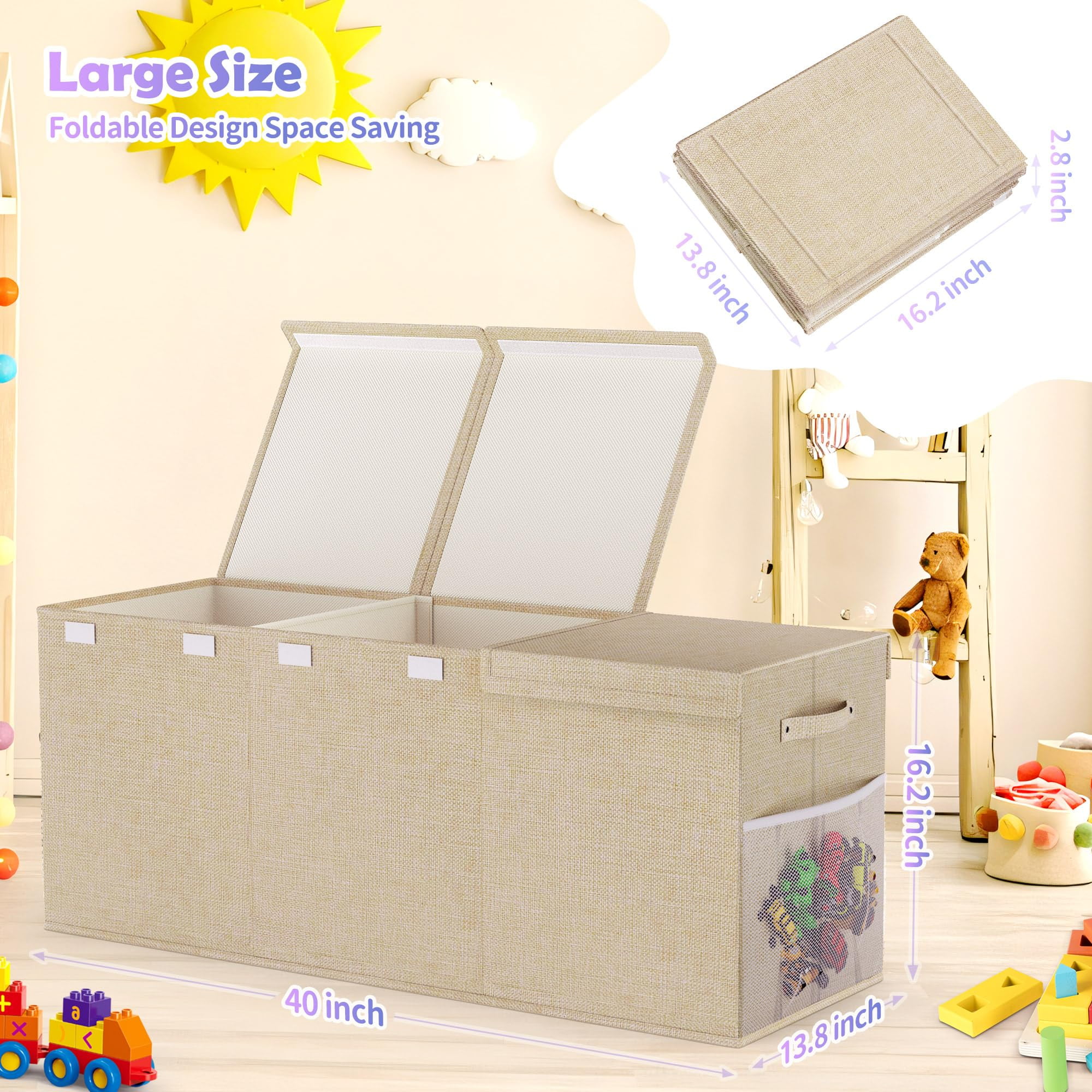 Extra Large Toy Box, Collapsible Sturdy Kids Toy Chest Storage Box with 3 Side bags and Removable Lids, 40"X14"X16"，large toy box for Nursery Room, Playroom,Closet,Home Organization,School，Deep beige