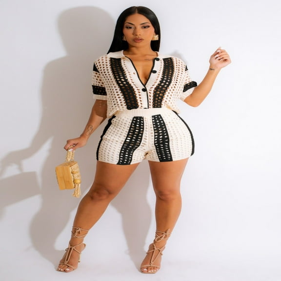 LYMAYTER Women Beach Outfit 2 Piece Crochet Set Hollow Out Lapel Color-Block Shorts Summer Casual‌ Suit S-XL