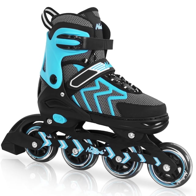 nattork patines de ruedas con cuchillas ajustables para niños, niñas y niños, para exteriores e interiores, patines en línea verde azulado para adultos, mujeres y hombres, principiantes, talla 4 5 6 bota negra con malla gris y acentos turquesa, hebilla superior y correa de velcro en el empeine, chasis negro con cuatro ruedas alineadas y freno trasero visible, vista lateral 3/4 sobre fondo blanco; también son adecuados para prácticas recreativas en pistas pequeñas.