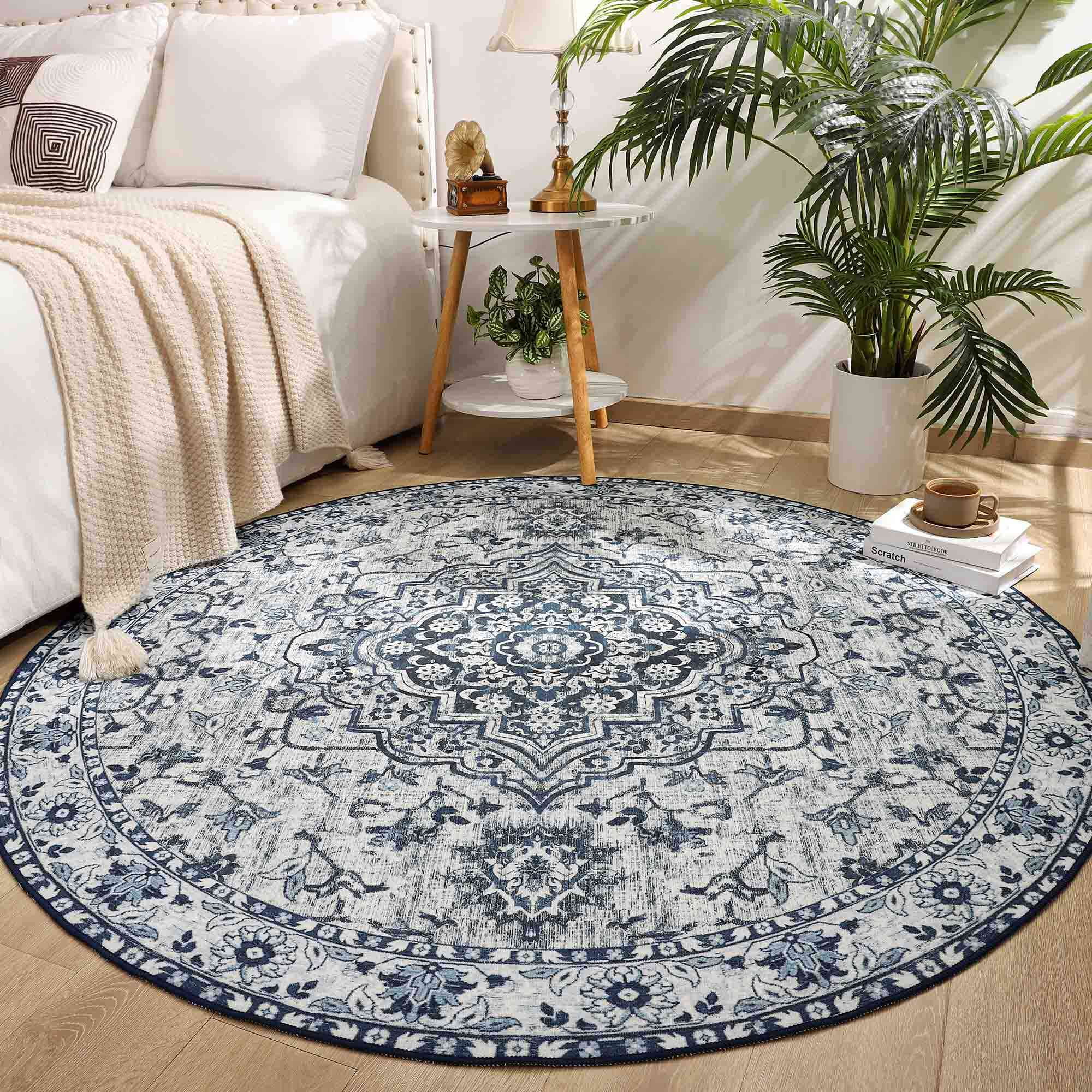 Softlife Oriental Traditional Area Rug for Living Room Durable Washable Persian Carpet Non Slip Boho Rugs for Bedroom,5'x5', Blue