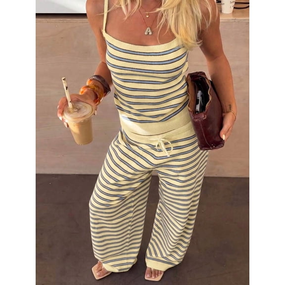Women's 2 Piece Striped Matching Outfit Set, Spaghetti Strap Cami Top and Drawstring Wide Leg Pants, Casual Vacation Streetwear Outfits