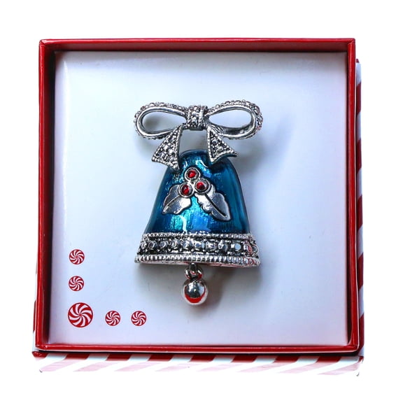 Mi Amore Christmas Holiday Bell Brooch-Pin Silver-Tone/Blue