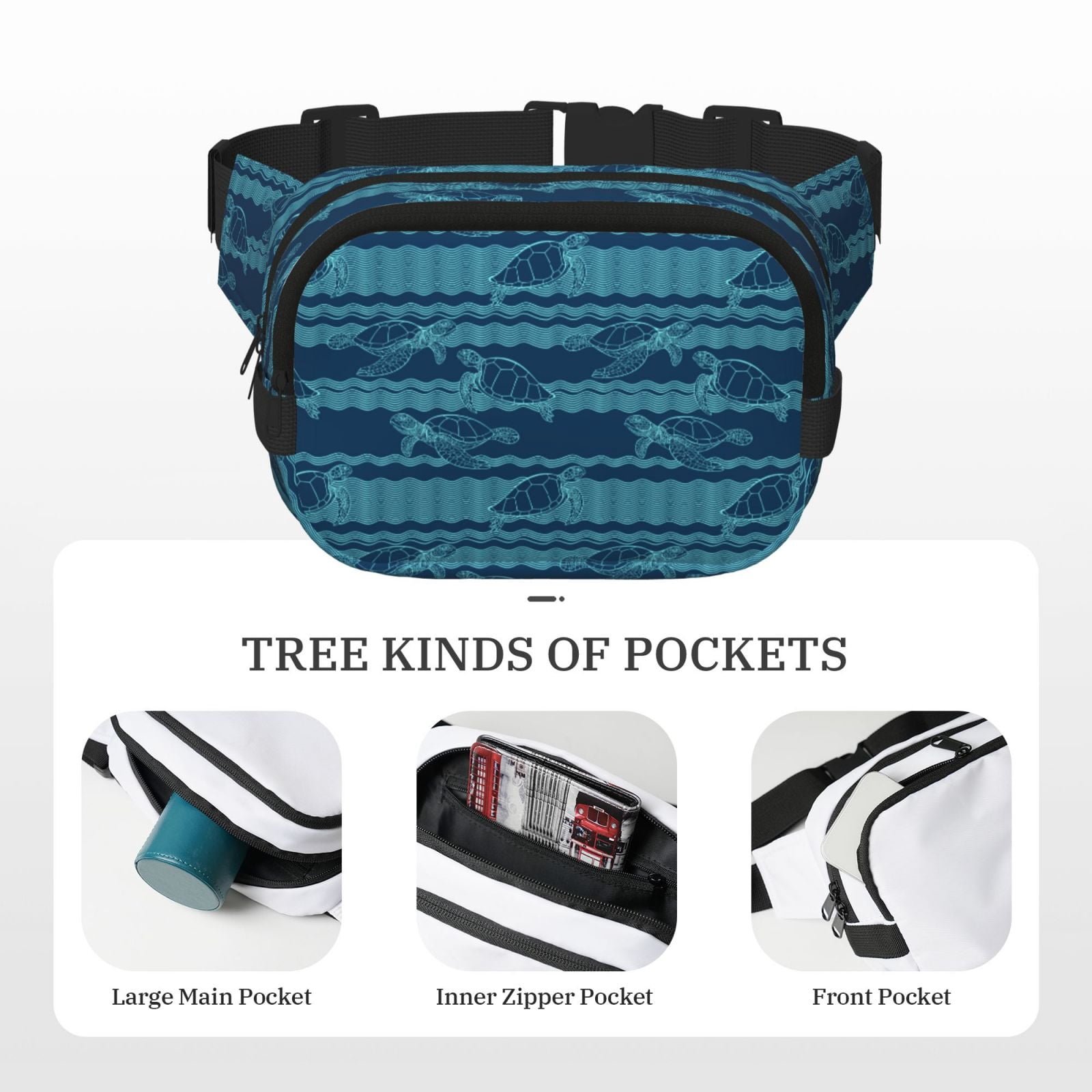 Picia Turtles and Waves Print Square Double-Layer Waist Bag Mini Adjustable Waist Belt Bag Exercise Running Travel Hiking