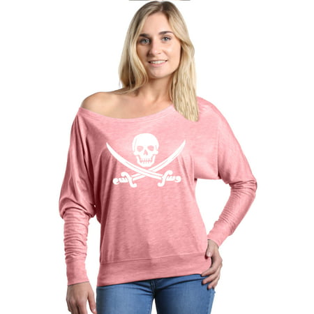 Shop4Ever Women's Pirate Flag Skull Scimitars Off Shoulder Long Sleeve Shirt