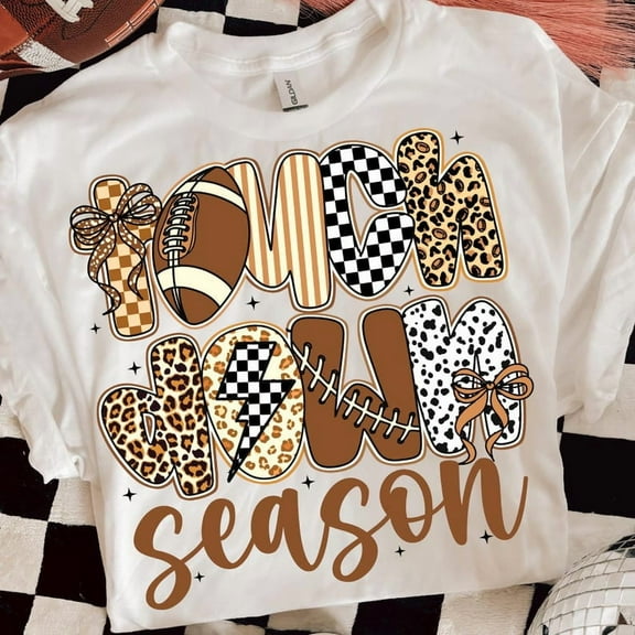 Touchdown Season Football T-Shirt - Fall Game Day Graphic Tee, Checkered Bow Football Mama Shirt, Sport Fan Top