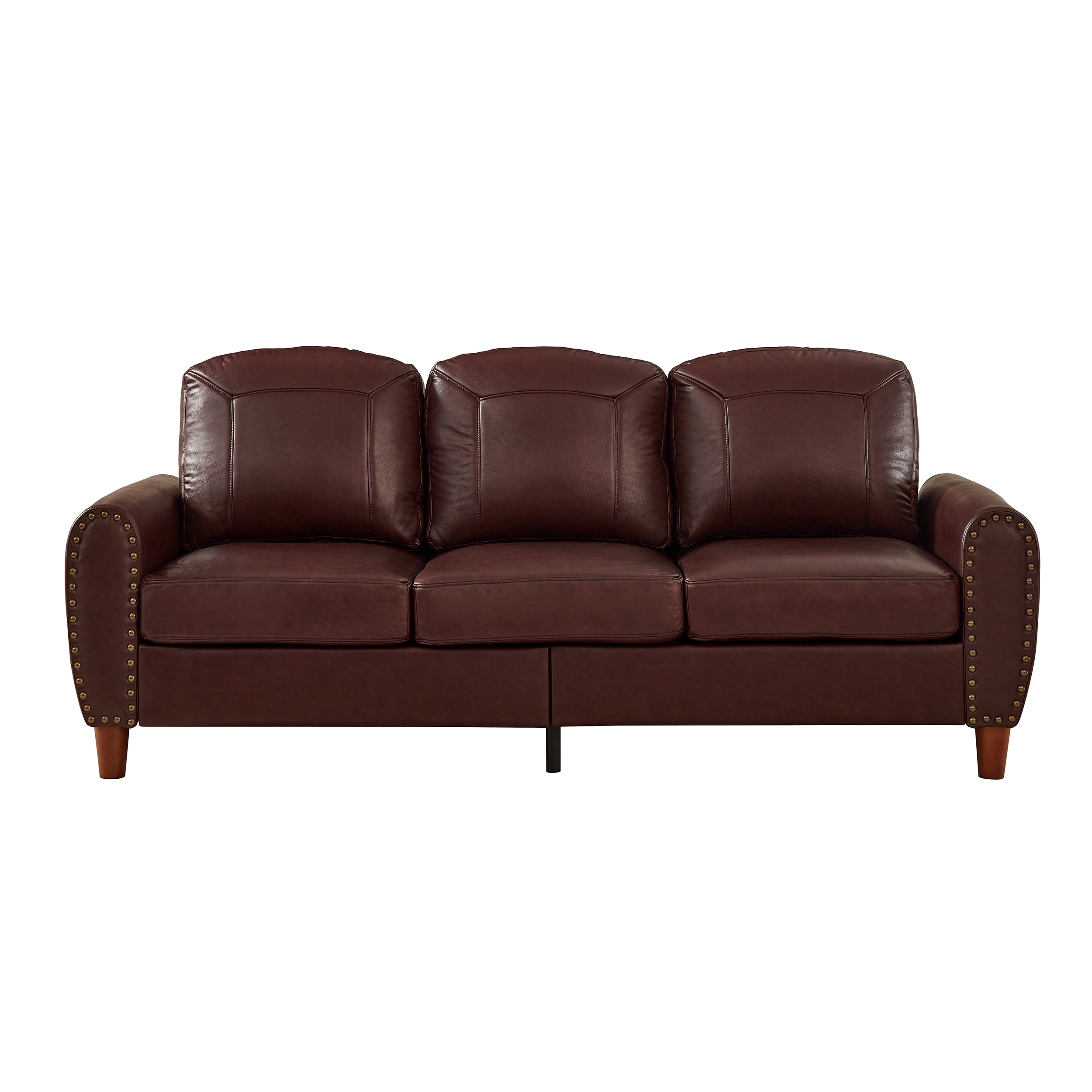 Mid-Century Modern Faux Leather 3-Seater Sofa,81.5"W Classic Rolled Arm Sofa Couch with Brass Nailhead Trim & Solid Wood Legs,Apartment,Living Room,Burgundy