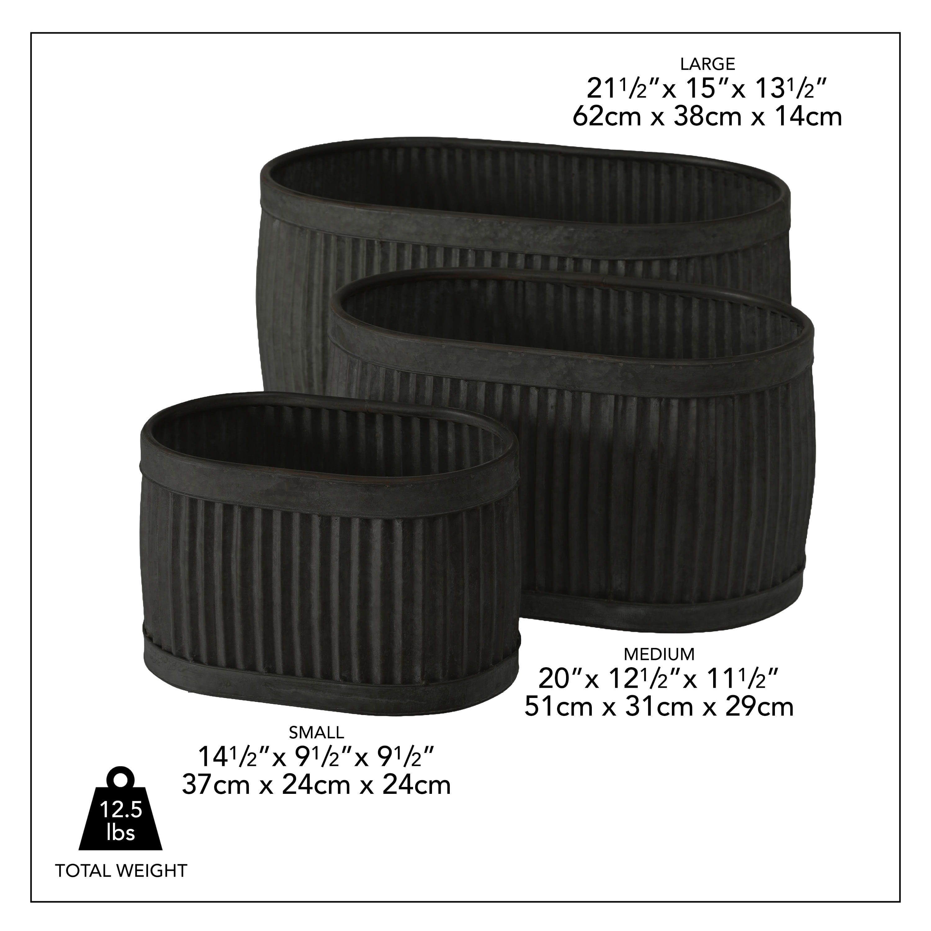 WHW Whole House Worlds French Country Style Oval Planters, Set of 3, Glossy Black, Galvanized Metal, Chubby Ripple Belly, Corrugated Cache Pots, Rustic, Over 2 ft., 24.5, 20 and 14.5 Inches