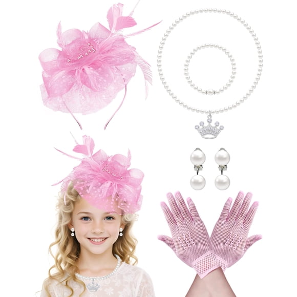 Conjunto de Sombrero Fascinador para Fiesta de Té y Guantes de Encaje para Niñas Bnsikun