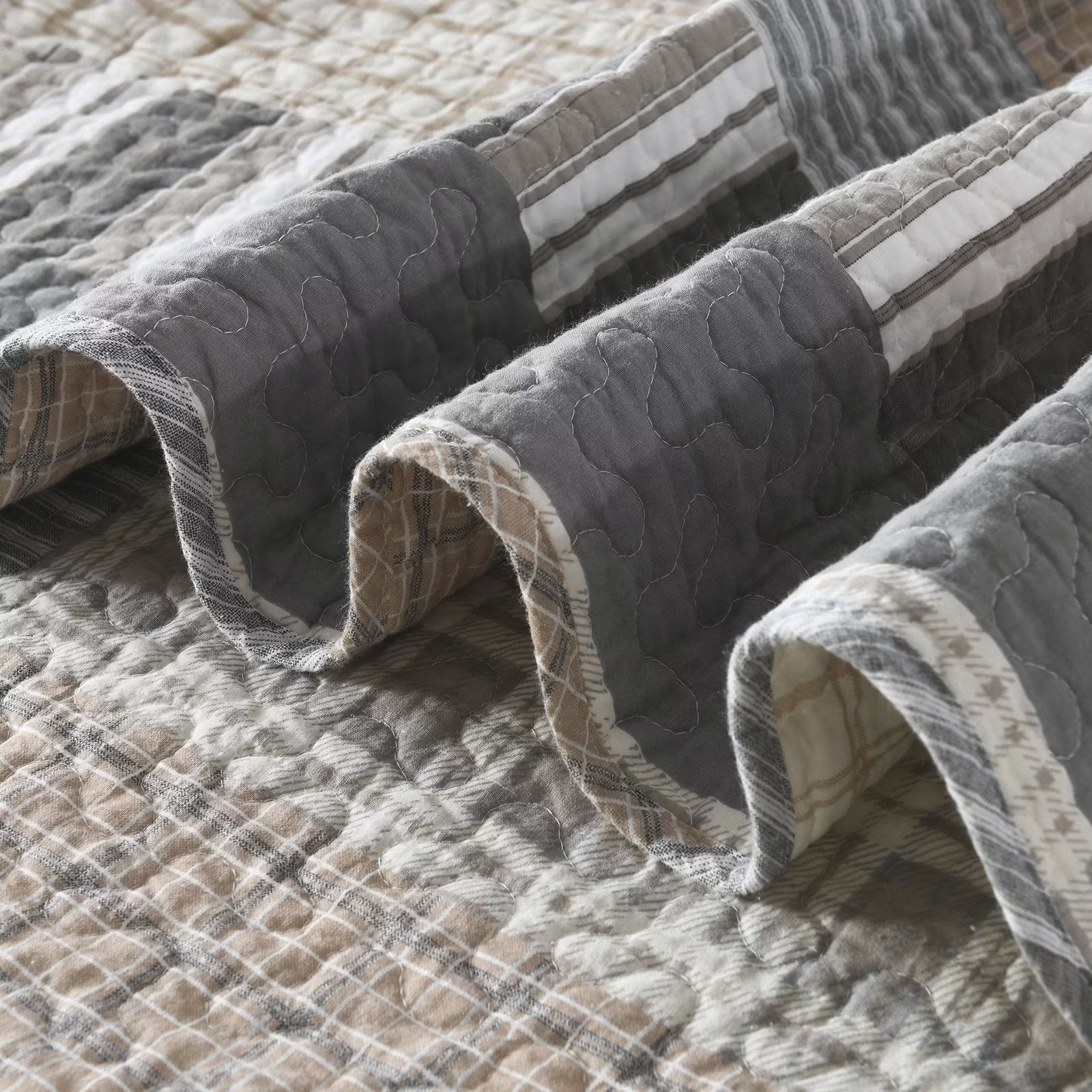 Bedduvit 100% Cotton King Size Quilt Set - Farmhouse Grey Brown Beige Quilt King Size Bedspread, Patchwork Striped Plaid Soft Lightweight Reversible Coverlet Bedding Set with 2 Shams for All Season
